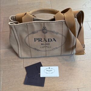 Prada Milano Beige Canapa Tote with Tan Strap